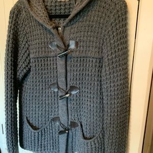 Gray Hand Made knit Cardigan Sweater w/ zipper & toggles. Made in Italy.